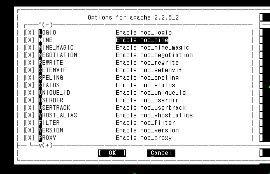 Screen showing the options menu for apache 2.2.6_2 with "enable mod_mime" selected