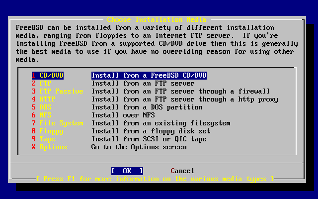 image of the choose installation media menu showing the install from a FreeBSD CD/DVD selection