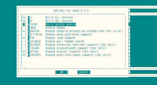 screen shot showing the PHP5 options menu with the "build apache module" selection highlighted