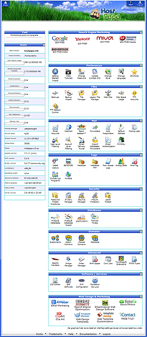 Sample screen of HostPapa's control panel (cPanel)